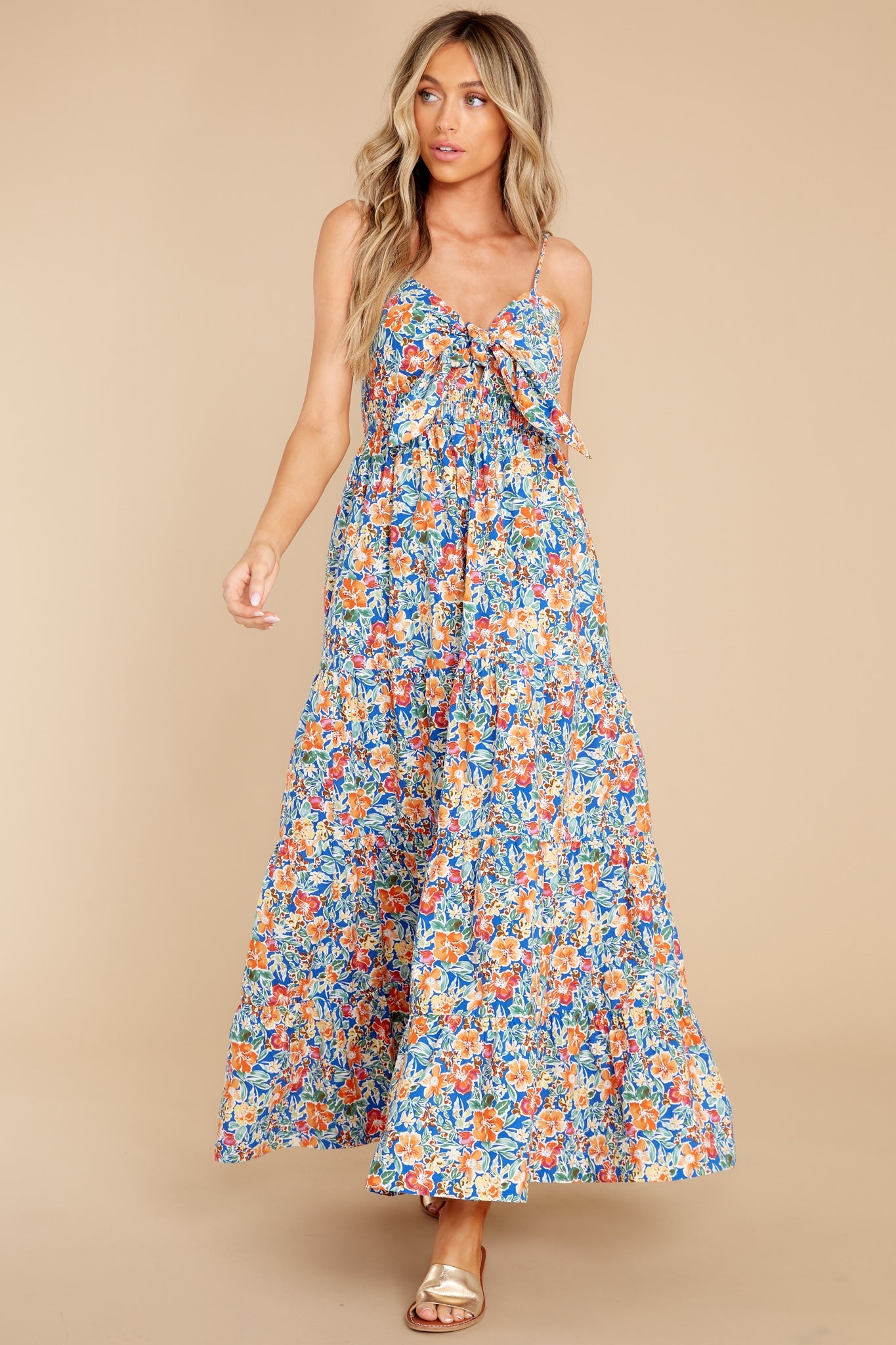 Home Free Blue Multi Floral Print Cotton Midi Dress