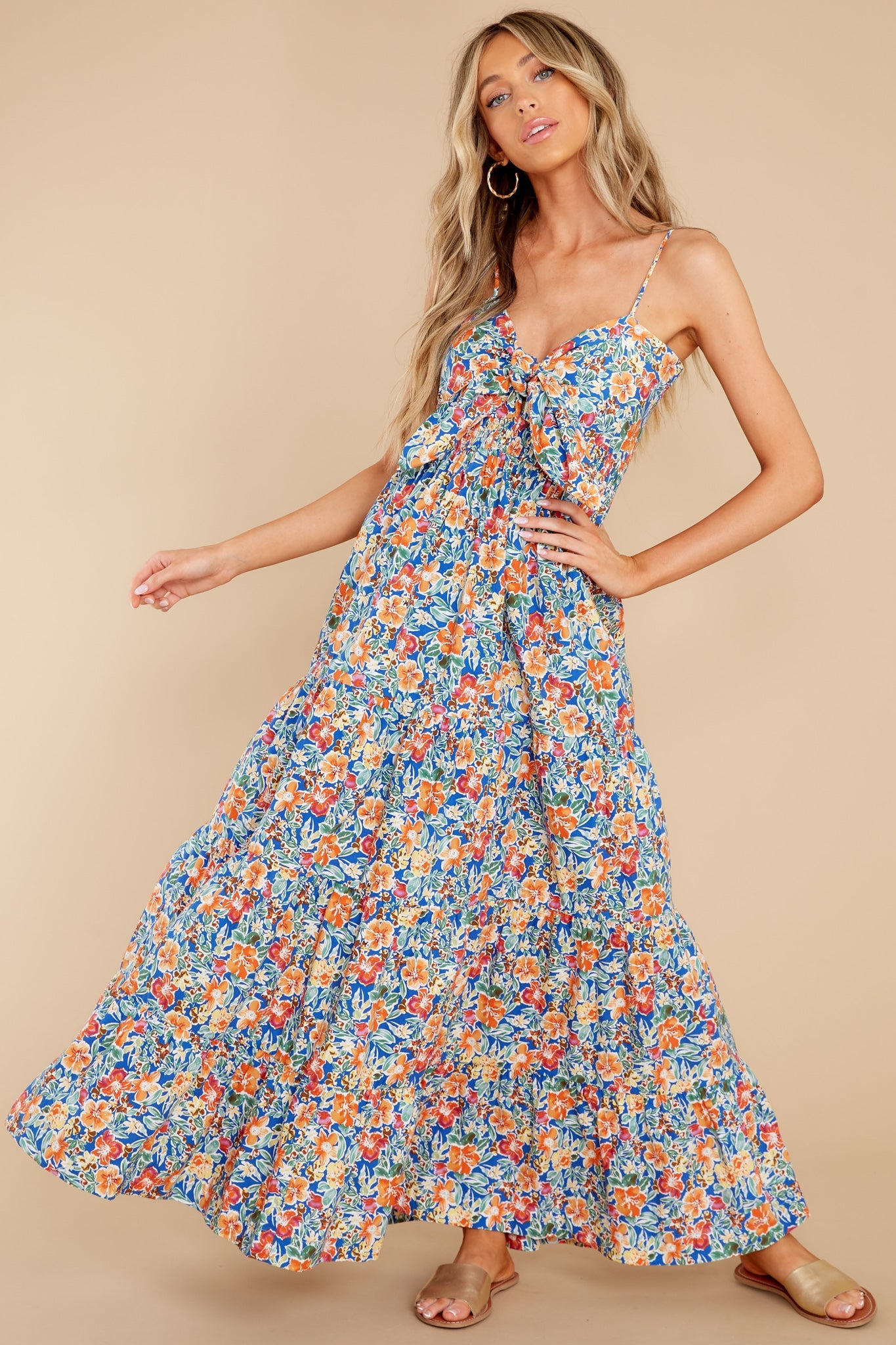 Home Free Blue Multi Floral Print Cotton Midi Dress
