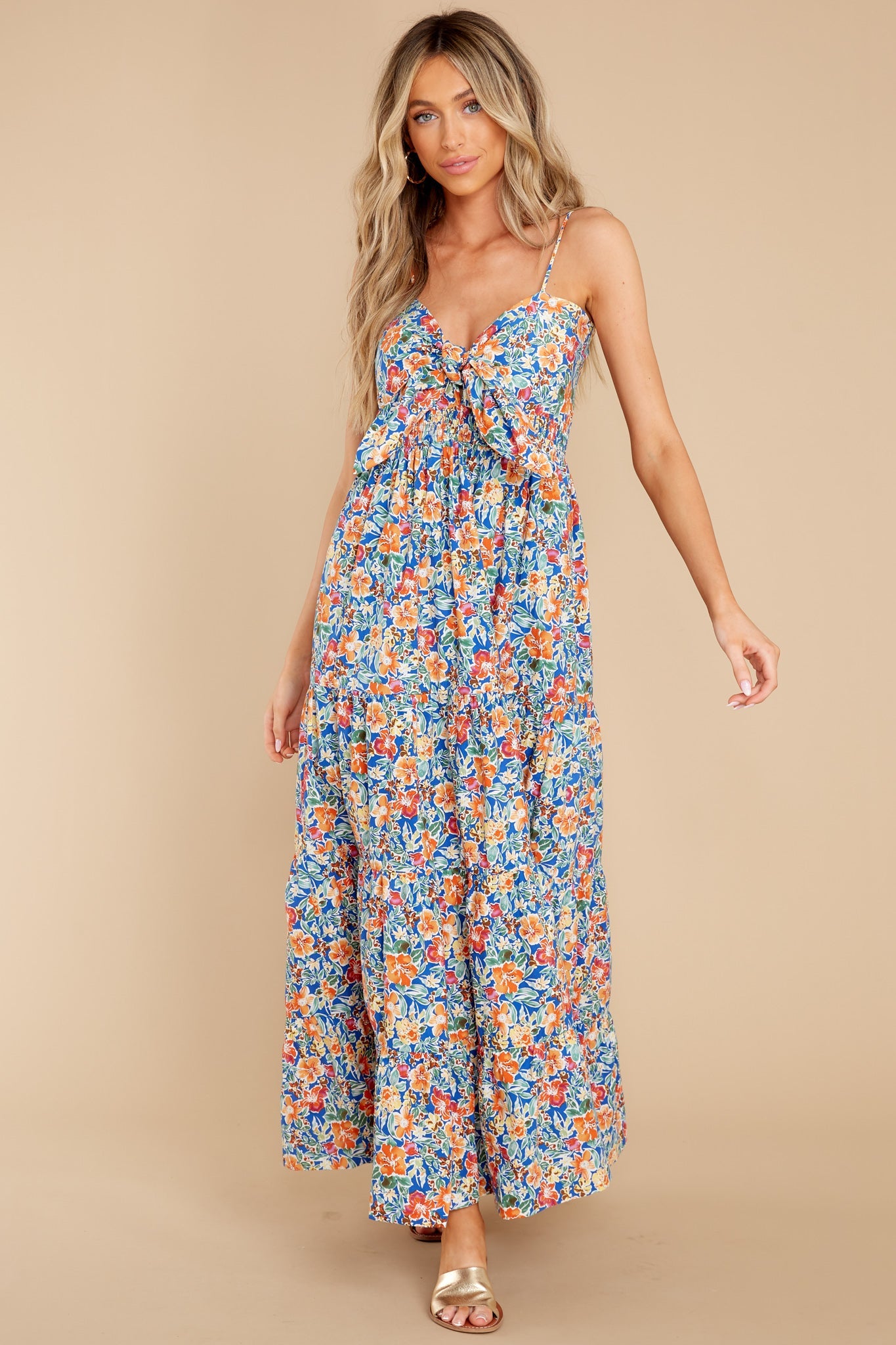 Home Free Blue Multi Floral Print Cotton Midi Dress