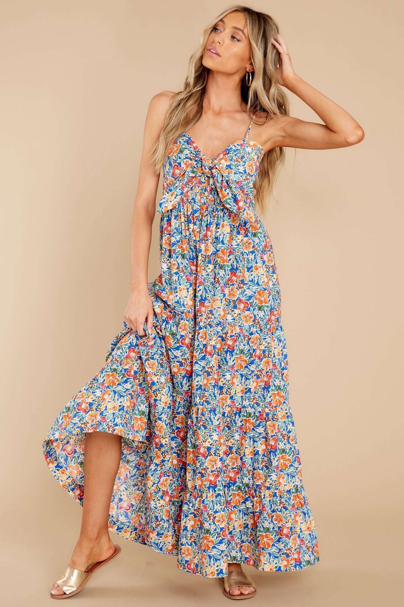 Home Free Blue Multi Floral Print Cotton Midi Dress