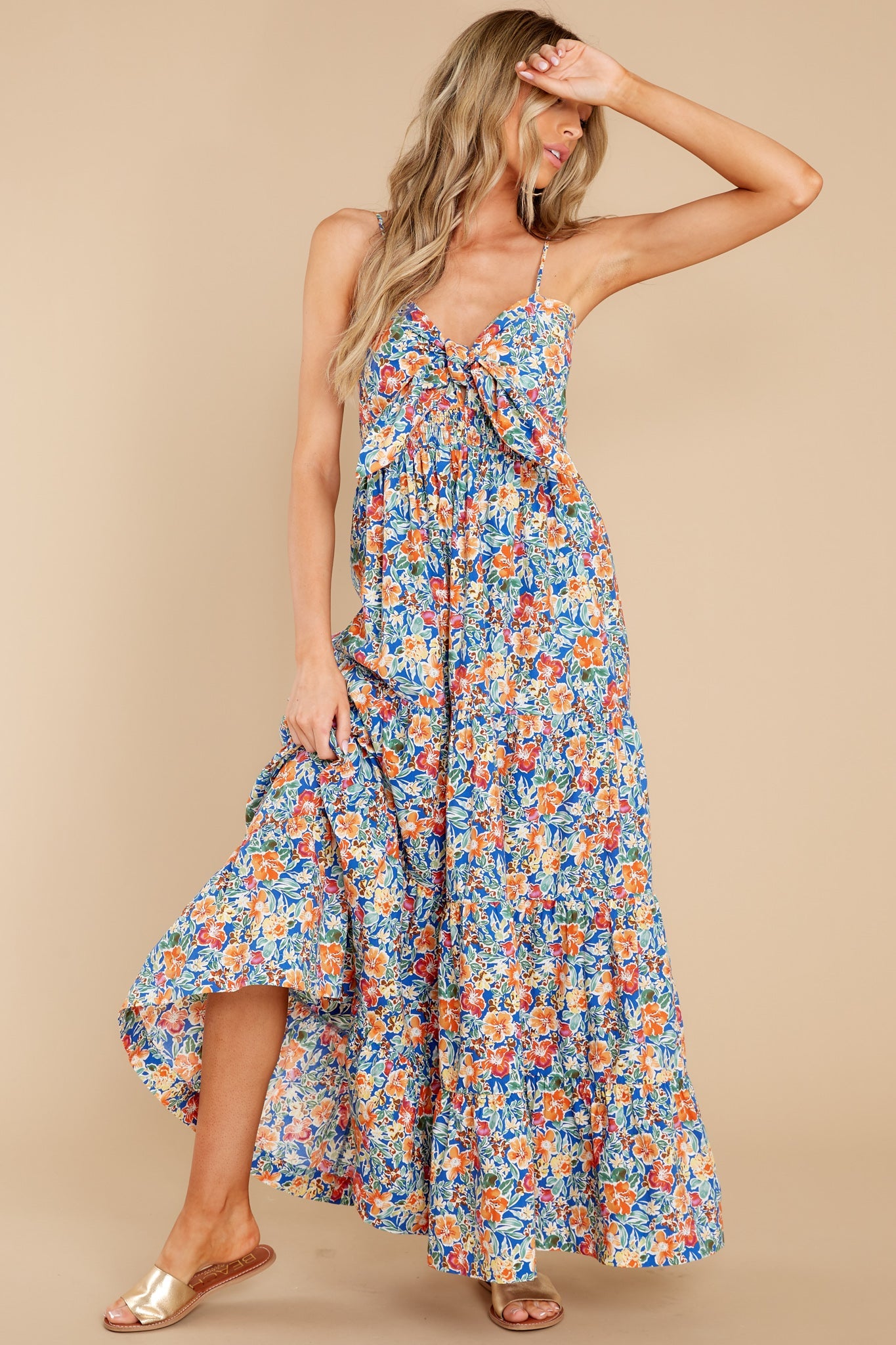 Home Free Blue Multi Floral Print Cotton Midi Dress