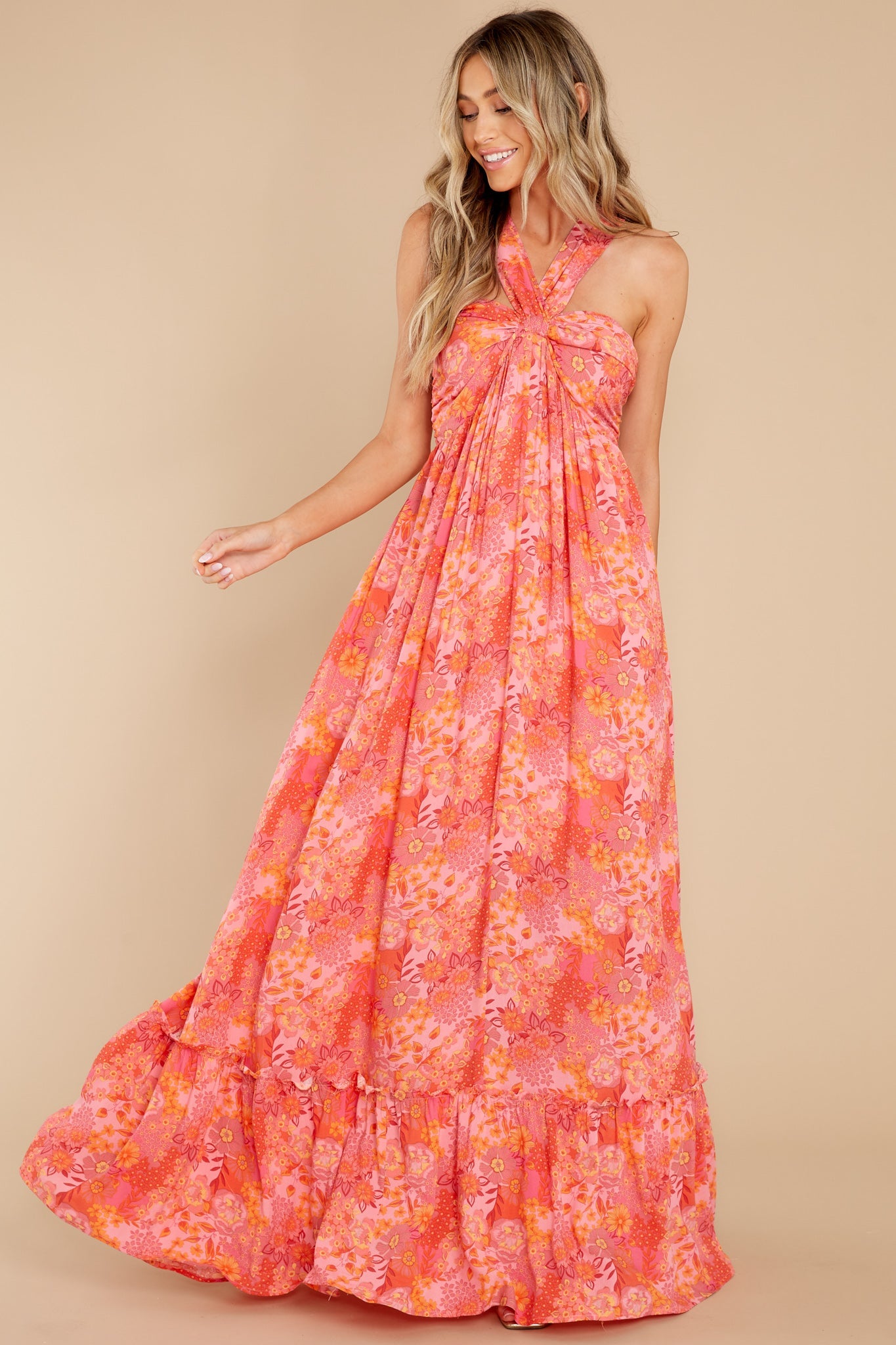 Sunset Memories Coral Floral Print Maxi Dress