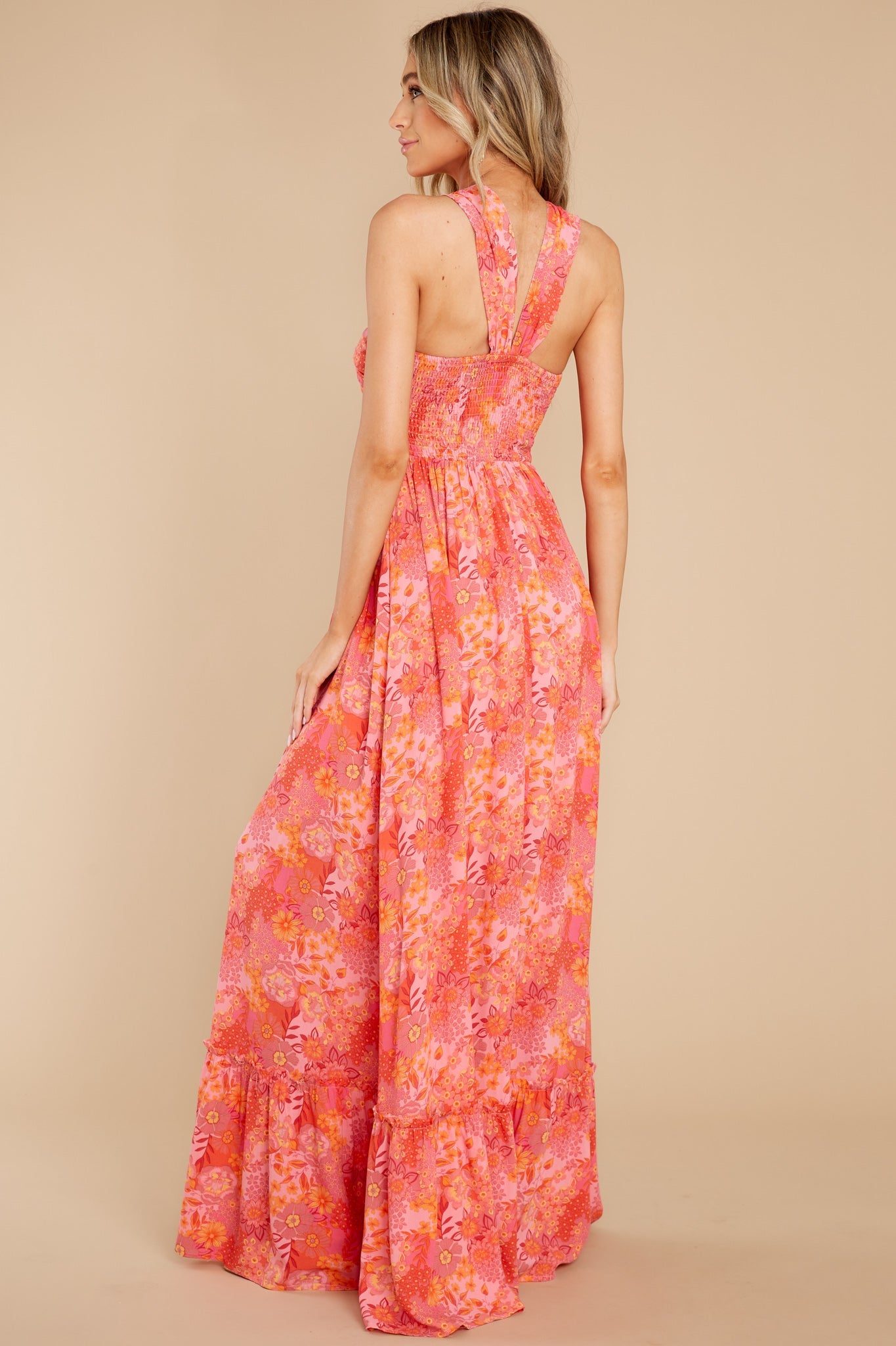 Sunset Memories Coral Floral Print Maxi Dress