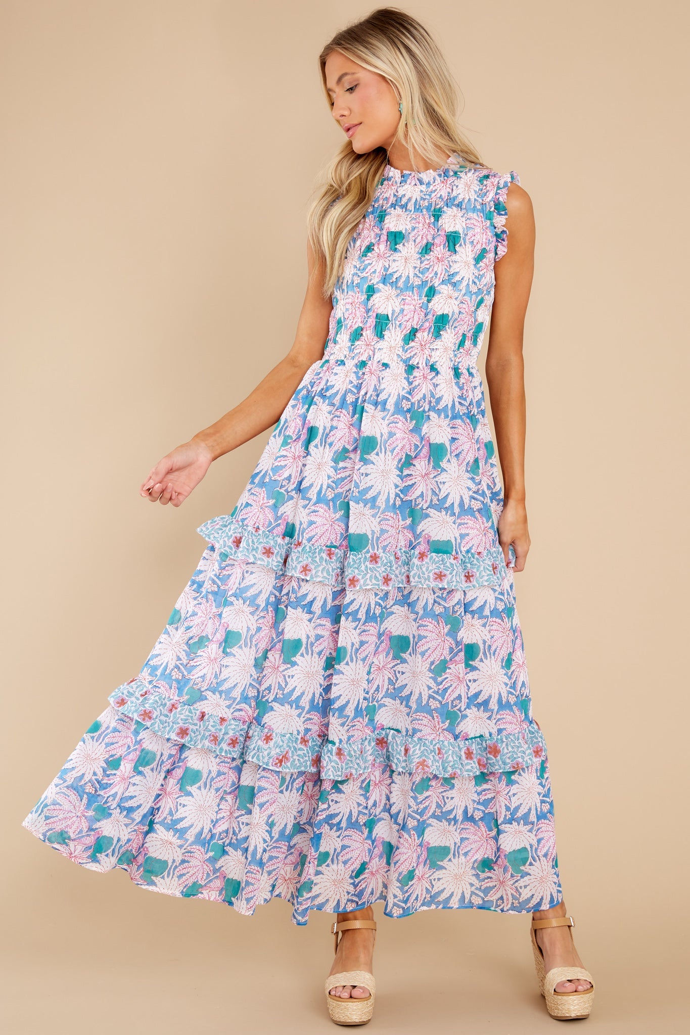 Cayman Blue Sleeveless Smocked Maxi Dress
