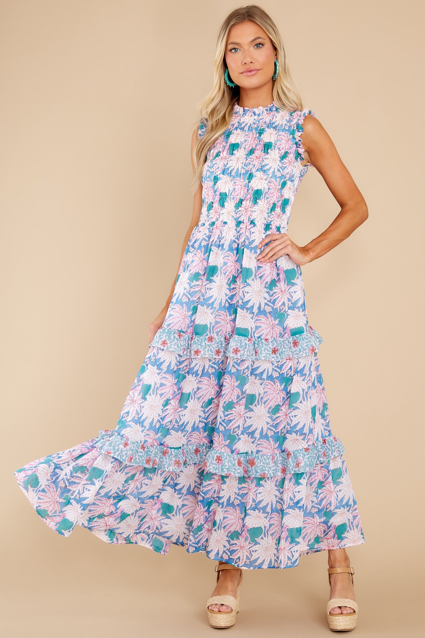Cayman Blue Sleeveless Smocked Maxi Dress