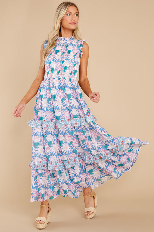 Cayman Blue Sleeveless Smocked Maxi Dress