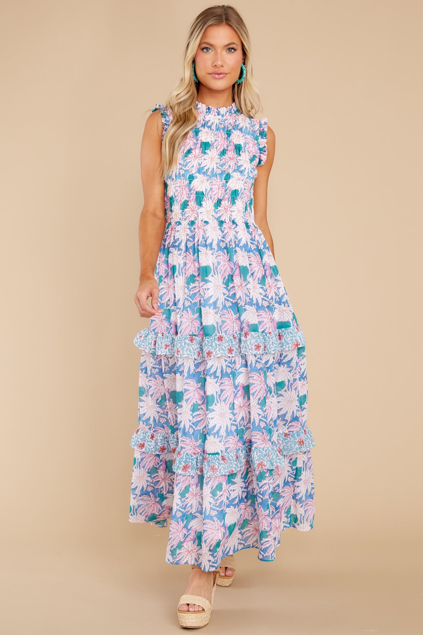 Cayman Blue Sleeveless Smocked Maxi Dress