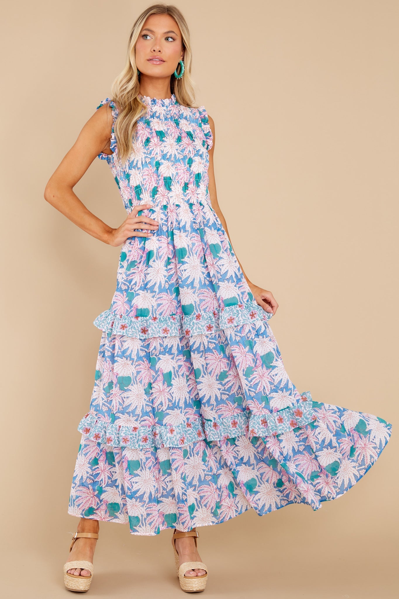 Cayman Blue Sleeveless Smocked Maxi Dress