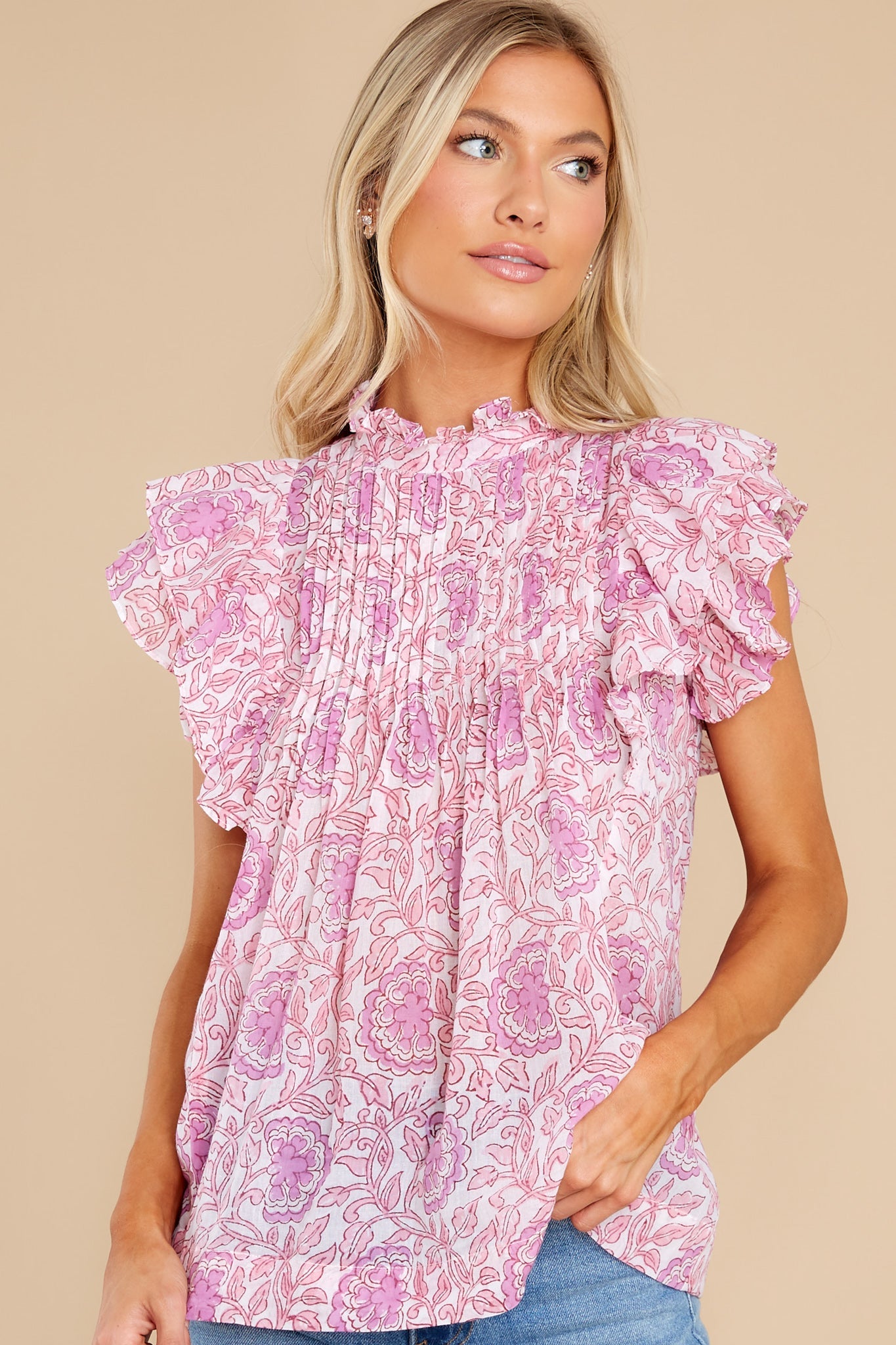 Malta Pink Pintuck Ruffle Top
