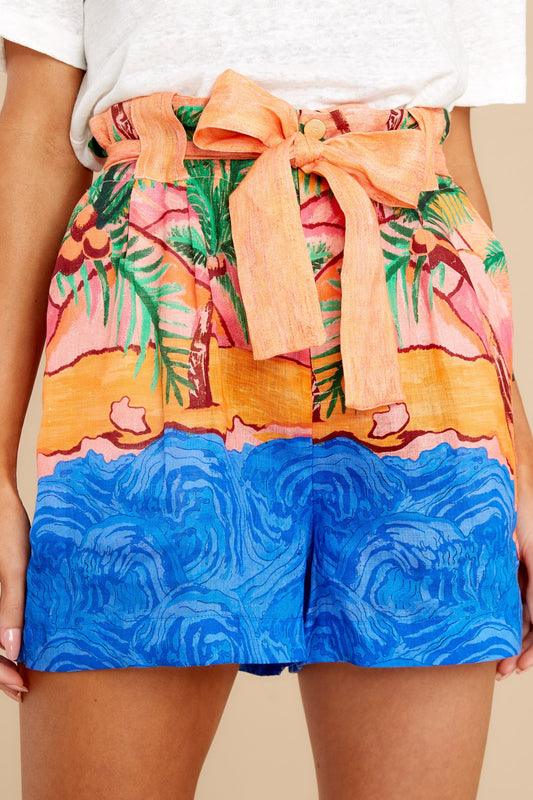 A Day At The Beach Orange Multi Print High Rise Shorts