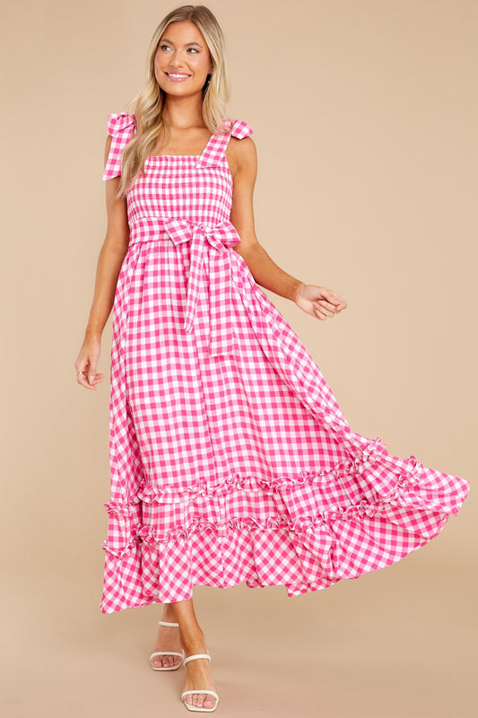 Beyond Basic Hot Pink Gingham Maxi Dress