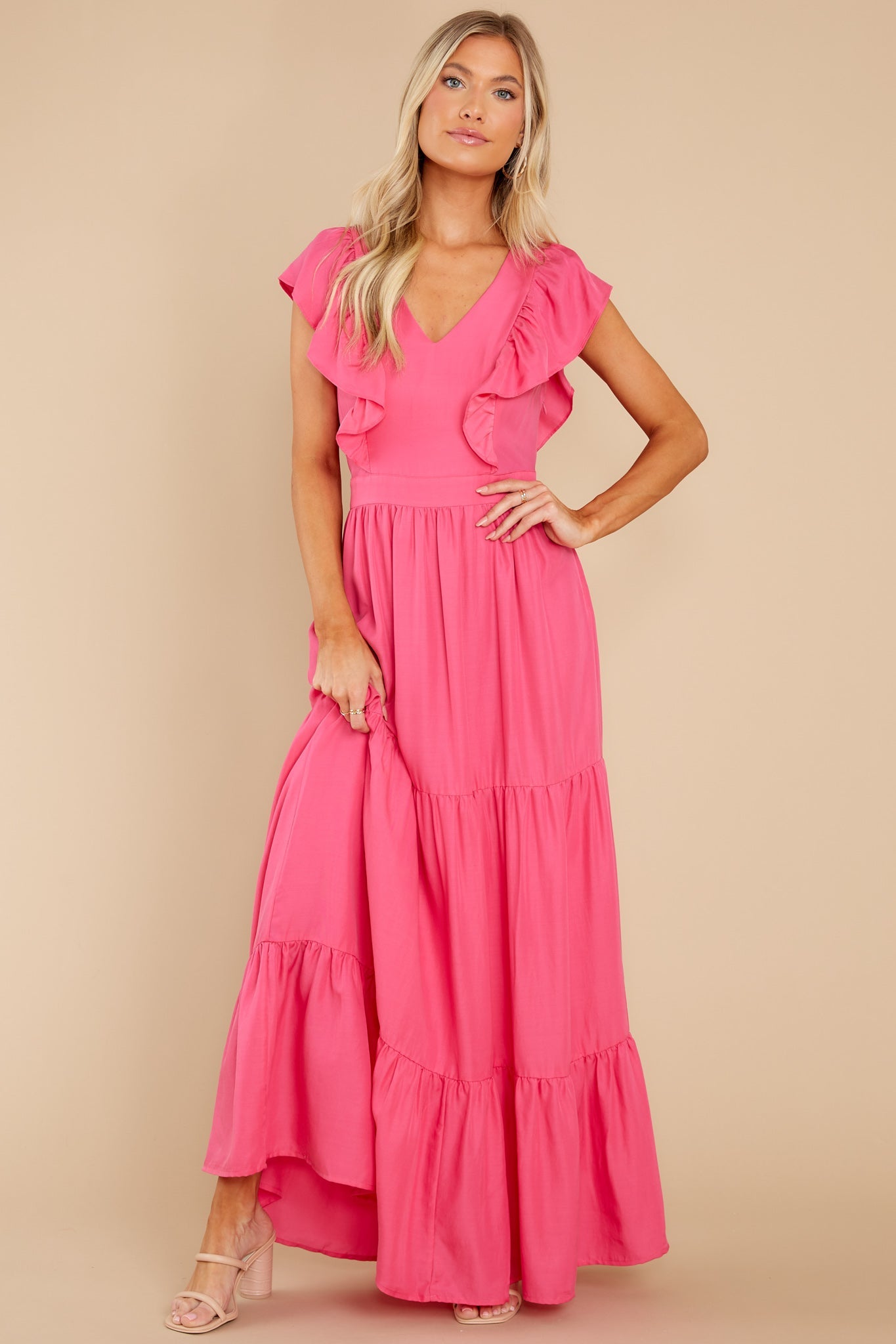 Gleaming Goddess Paradise Pink V-Neck Open Back Maxi Dress