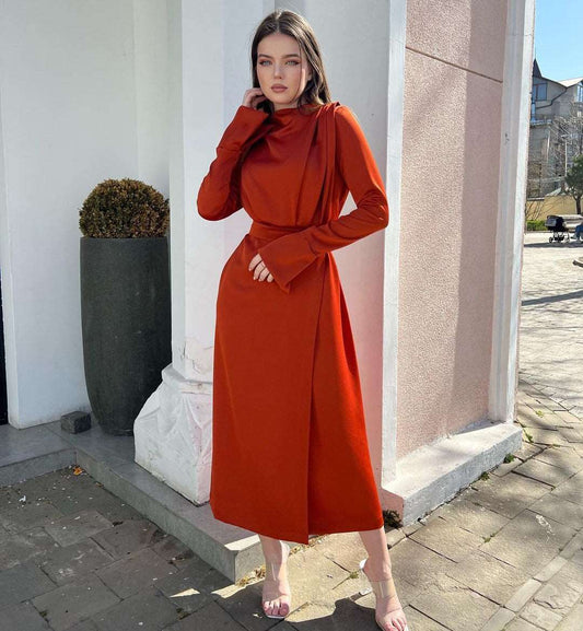 Itziar Rust Crossover Full-Sleeved Midi Dress