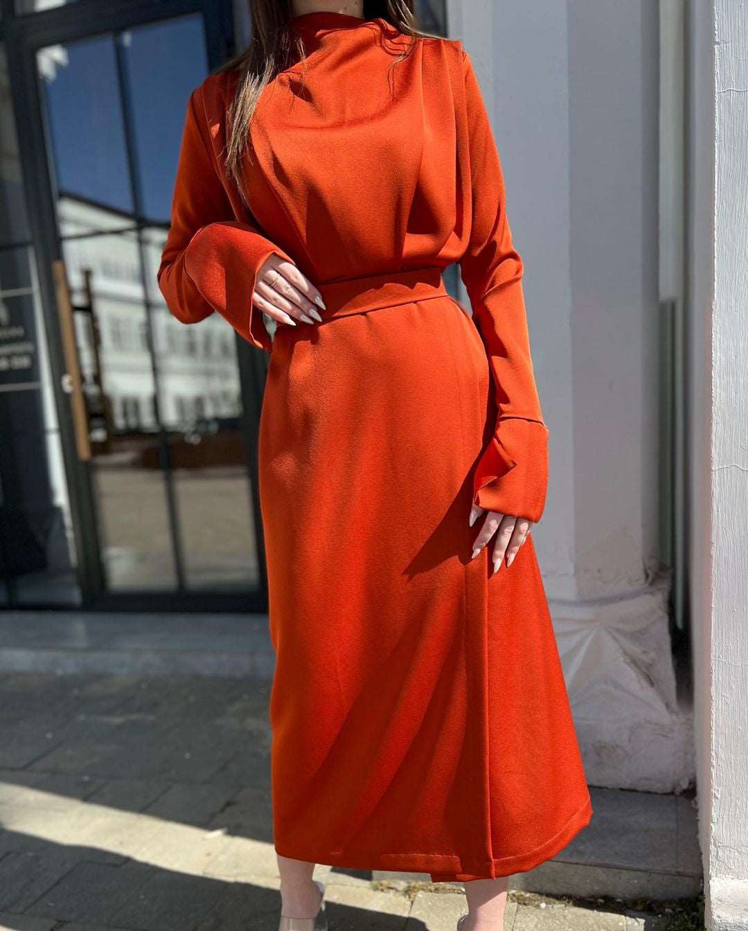 Itziar Rust Crossover Full-Sleeved Midi Dress