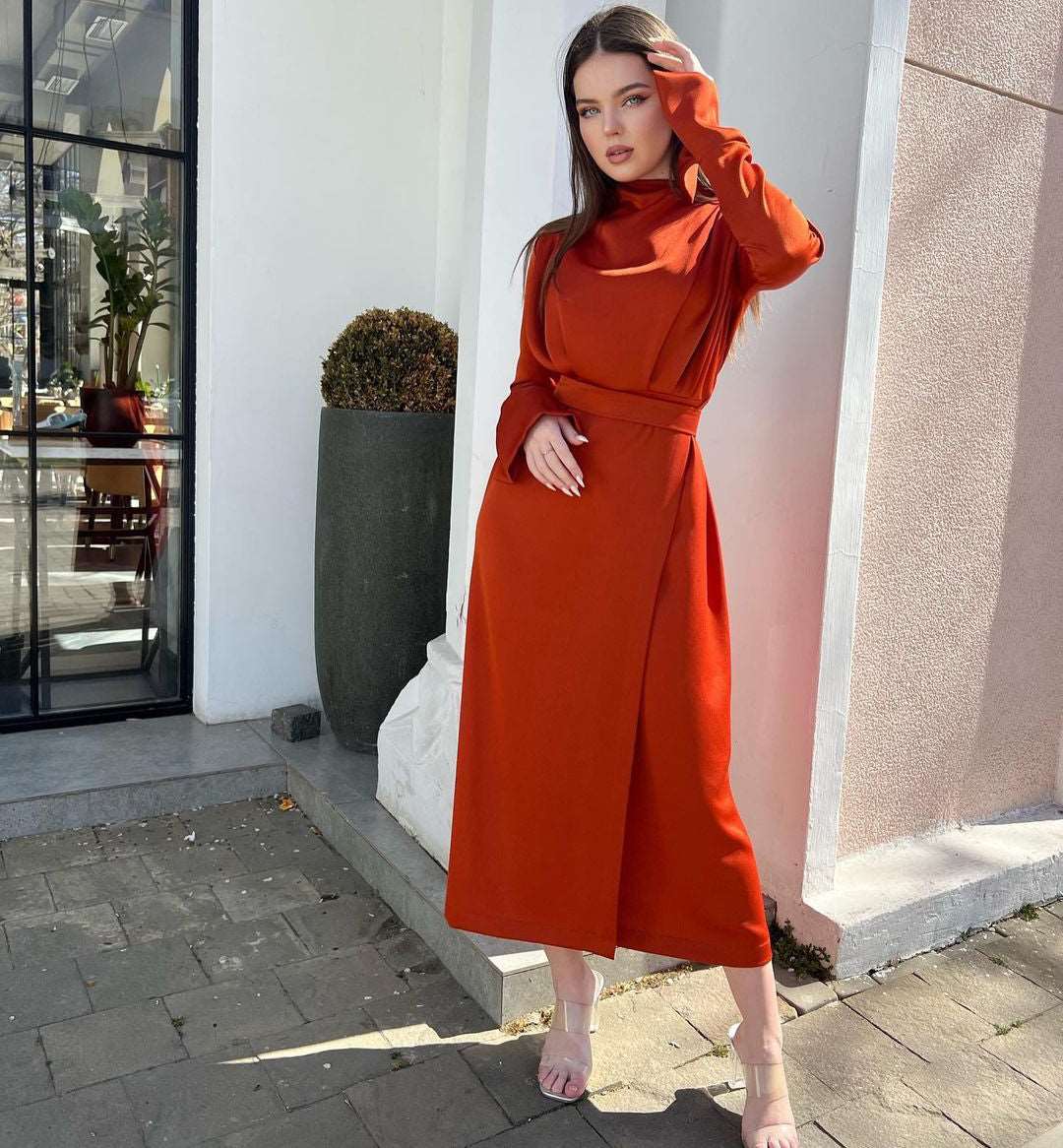 Itziar Rust Crossover Full-Sleeved Midi Dress