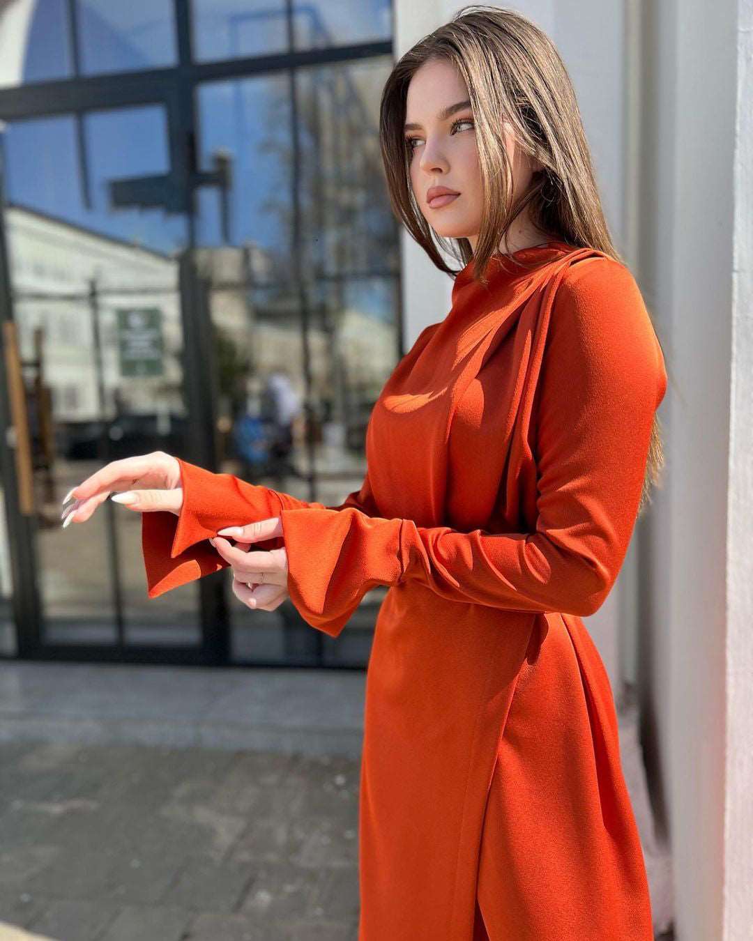 Itziar Rust Crossover Full-Sleeved Midi Dress