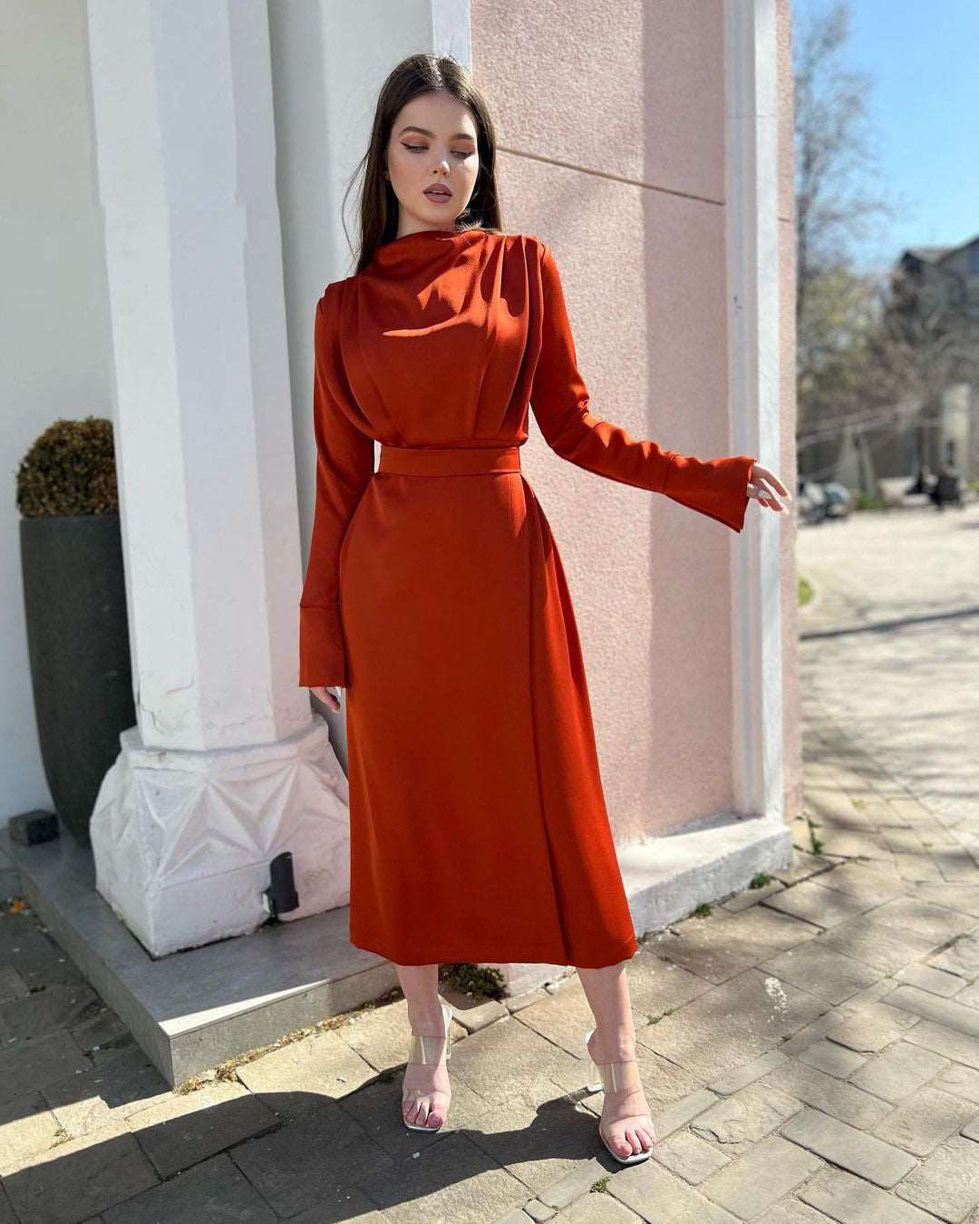 Itziar Rust Crossover Full-Sleeved Midi Dress