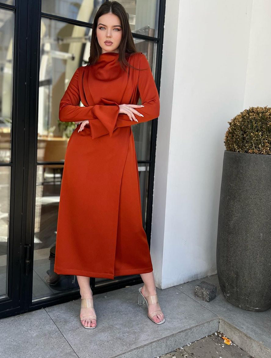 Itziar Rust Crossover Full-Sleeved Midi Dress