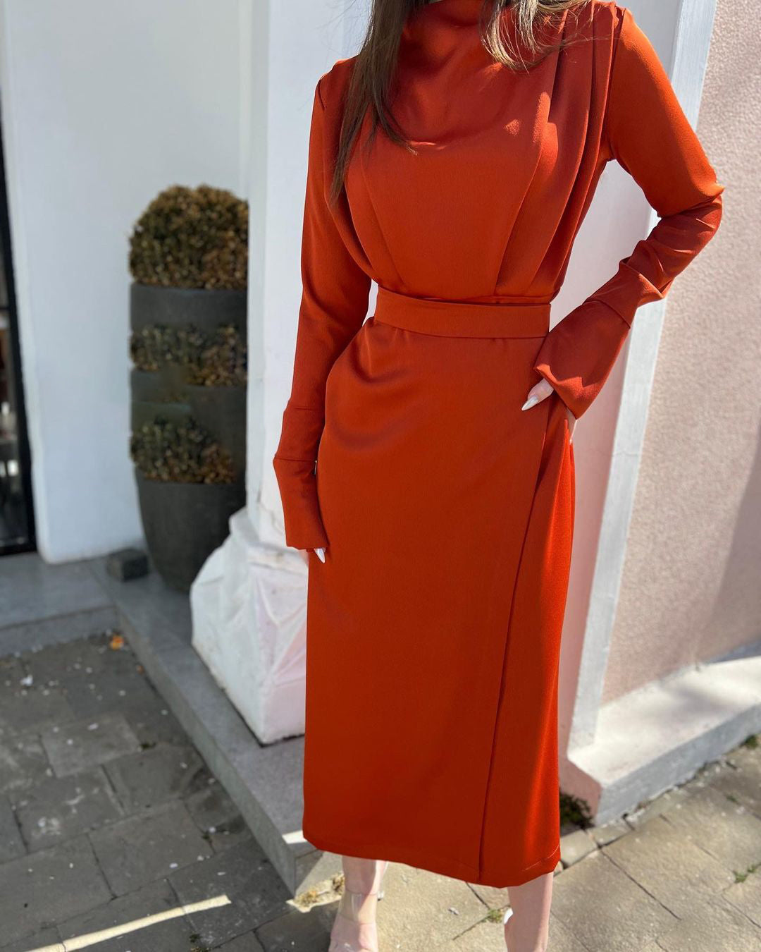 Itziar Rust Crossover Full-Sleeved Midi Dress