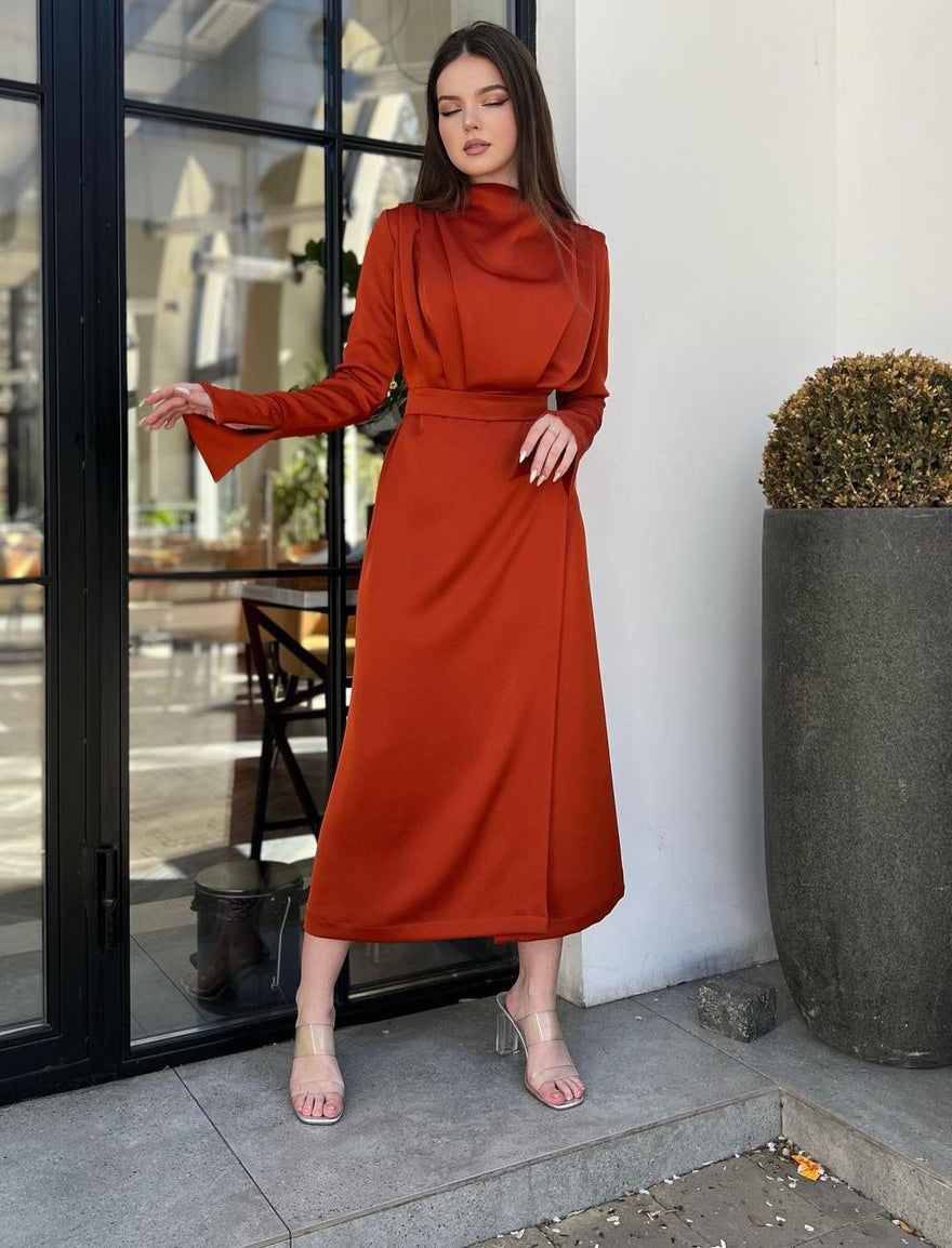 Itziar Rust Crossover Full-Sleeved Midi Dress