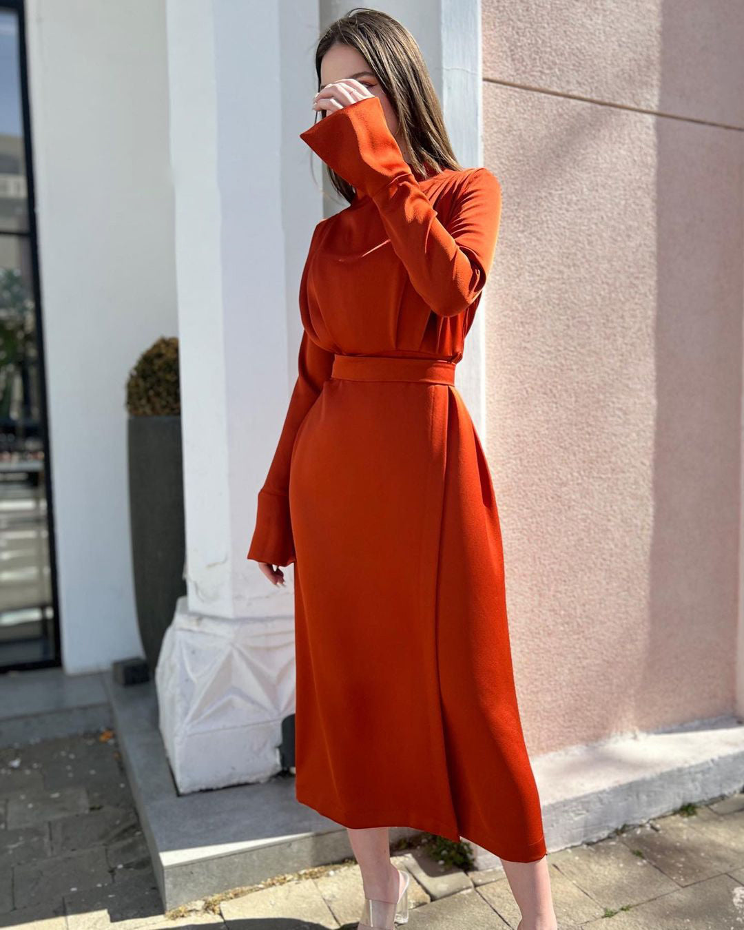 Itziar Rust Crossover Full-Sleeved Midi Dress