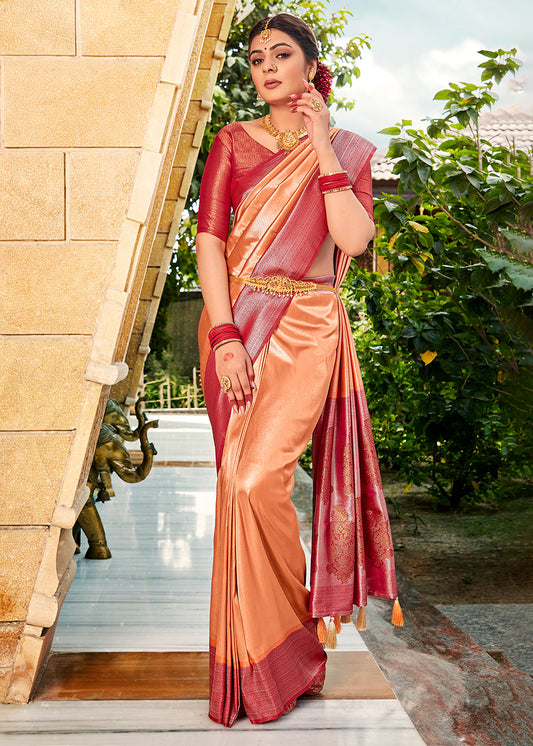 Cantaloupe Orange Zari Woven Kanjivaram Silk Saree with Contrast Border & Pallu