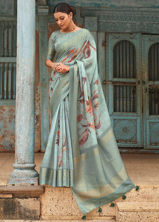 Shades Of Blue Floral Printed linen Saree with Zari Border