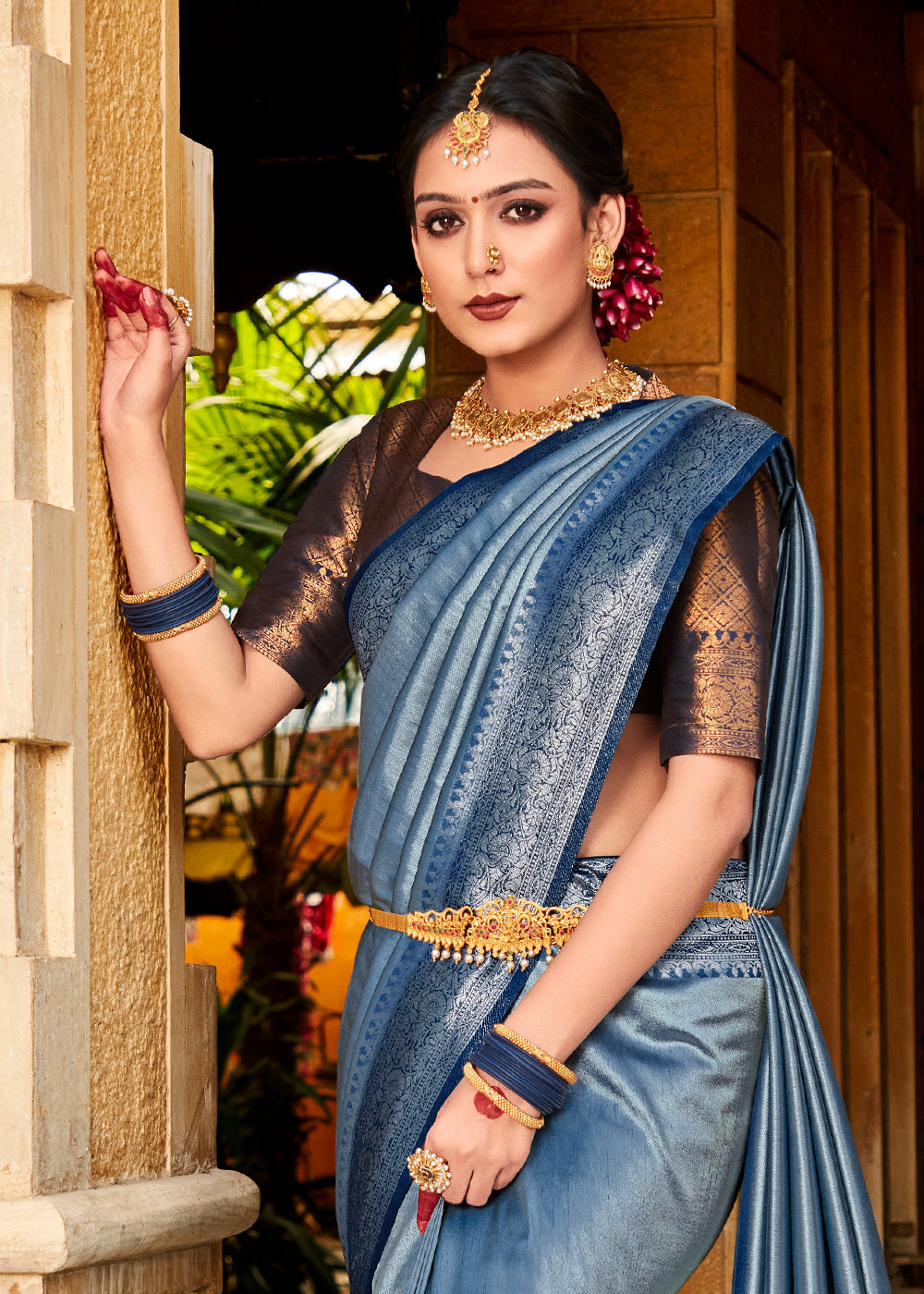 Steel Blue Zari Woven Kanjivaram Silk Saree with Contrast Border & Pallu