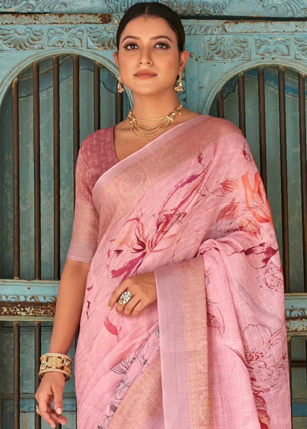 Vivid Pink Floral Printed linen Saree with Zari Border