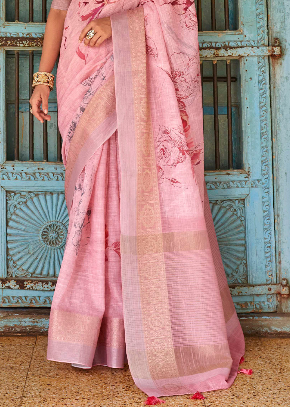 Vivid Pink Floral Printed linen Saree with Zari Border