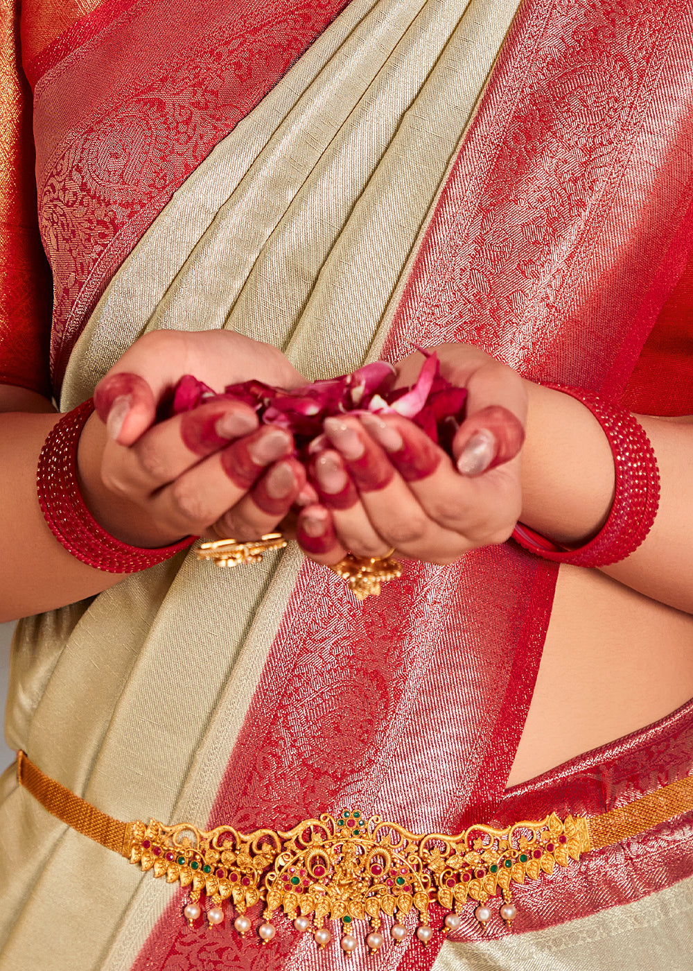 Ivory White Zari Woven Kanjivaram Silk Saree with Contrast Border & Pallu