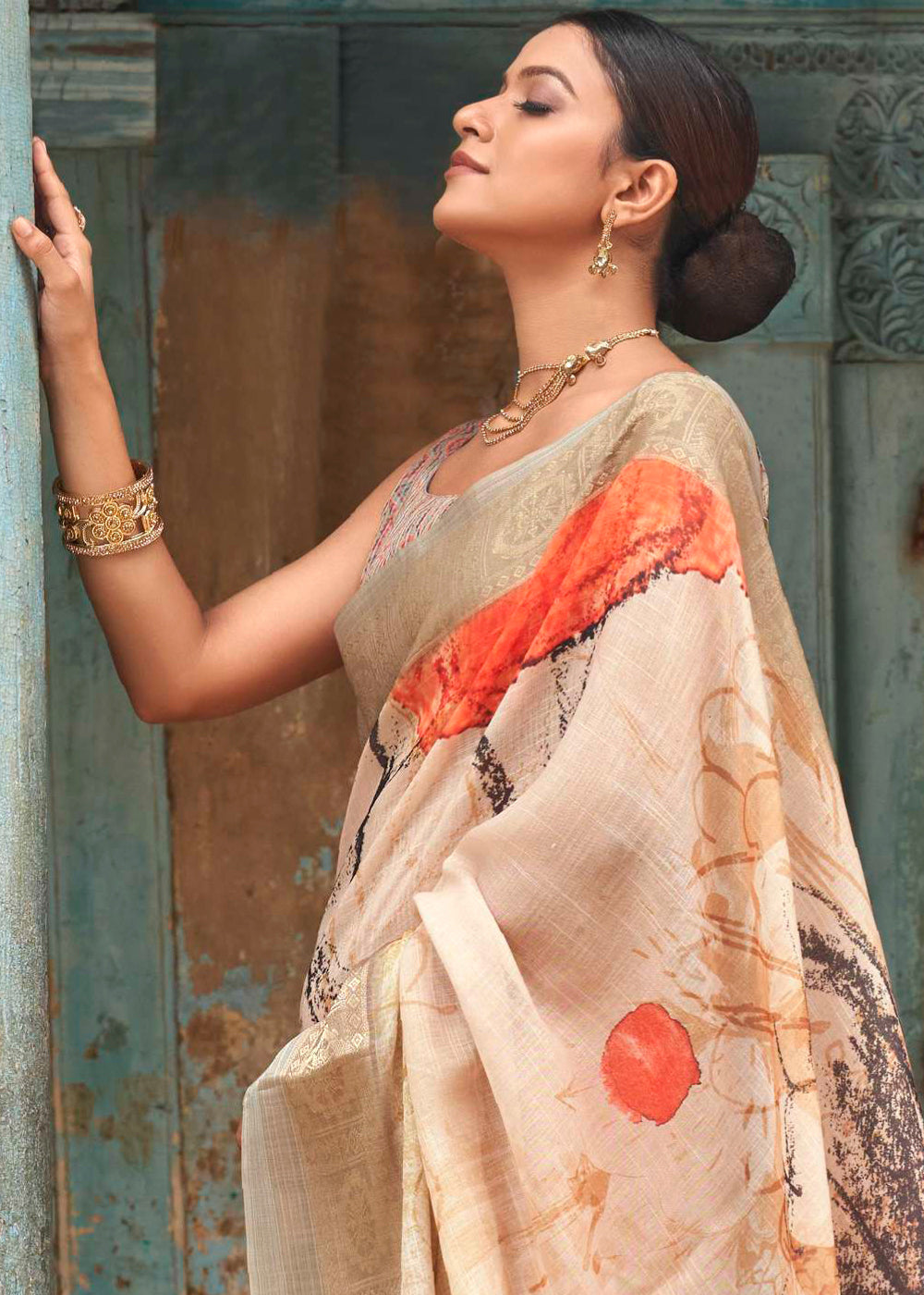 Beige Brown Floral Printed linen Saree with Zari Border