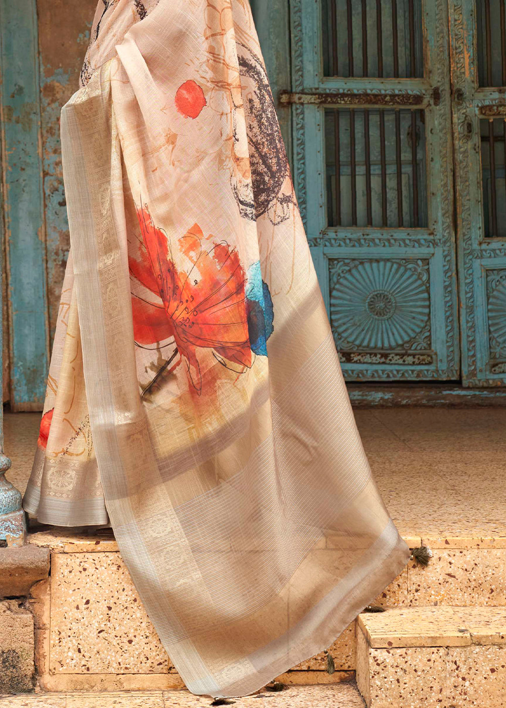 Beige Brown Floral Printed linen Saree with Zari Border