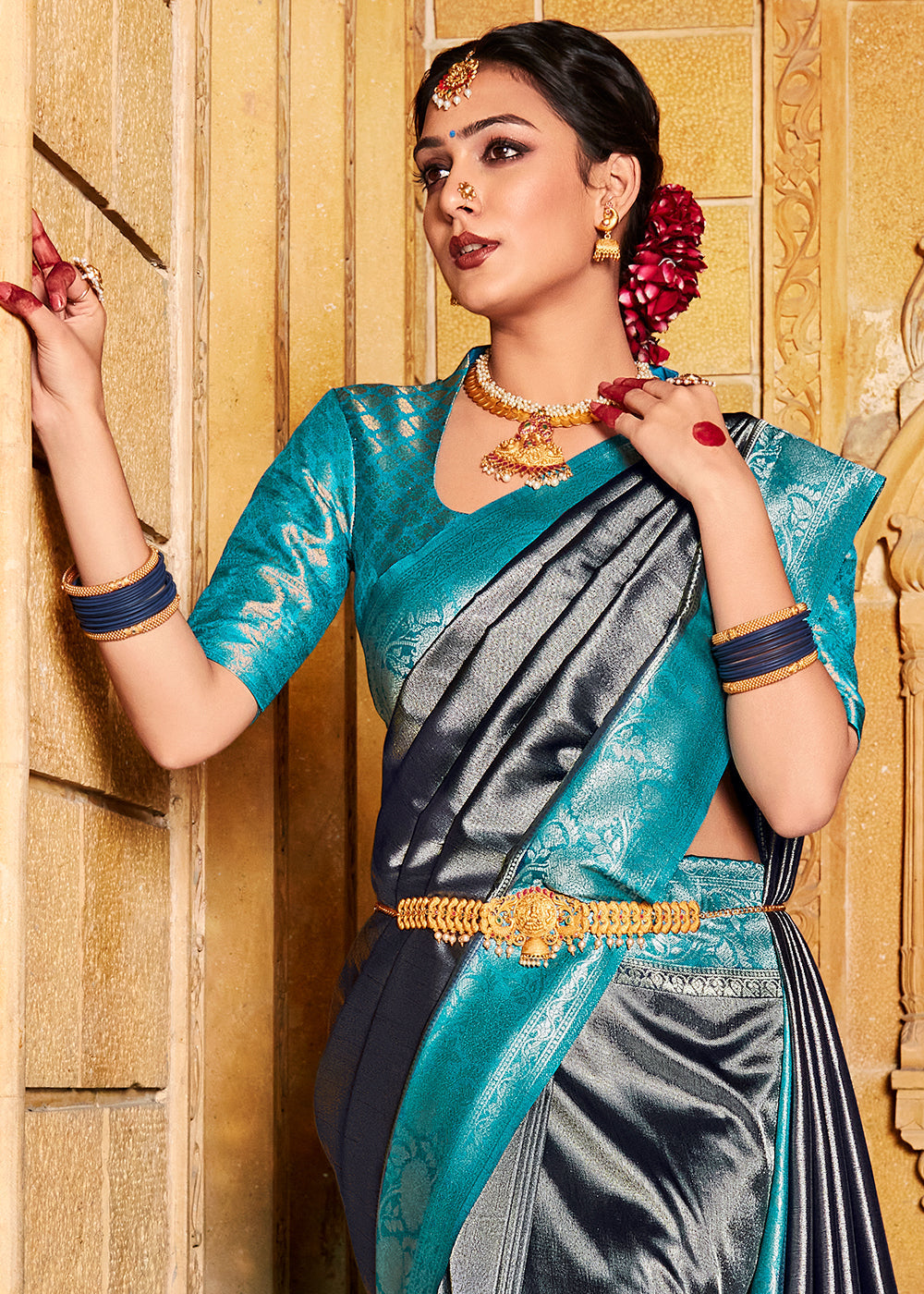 Iron Grey Zari Woven Kanjivaram Silk Saree with Contrast Border & Pallu