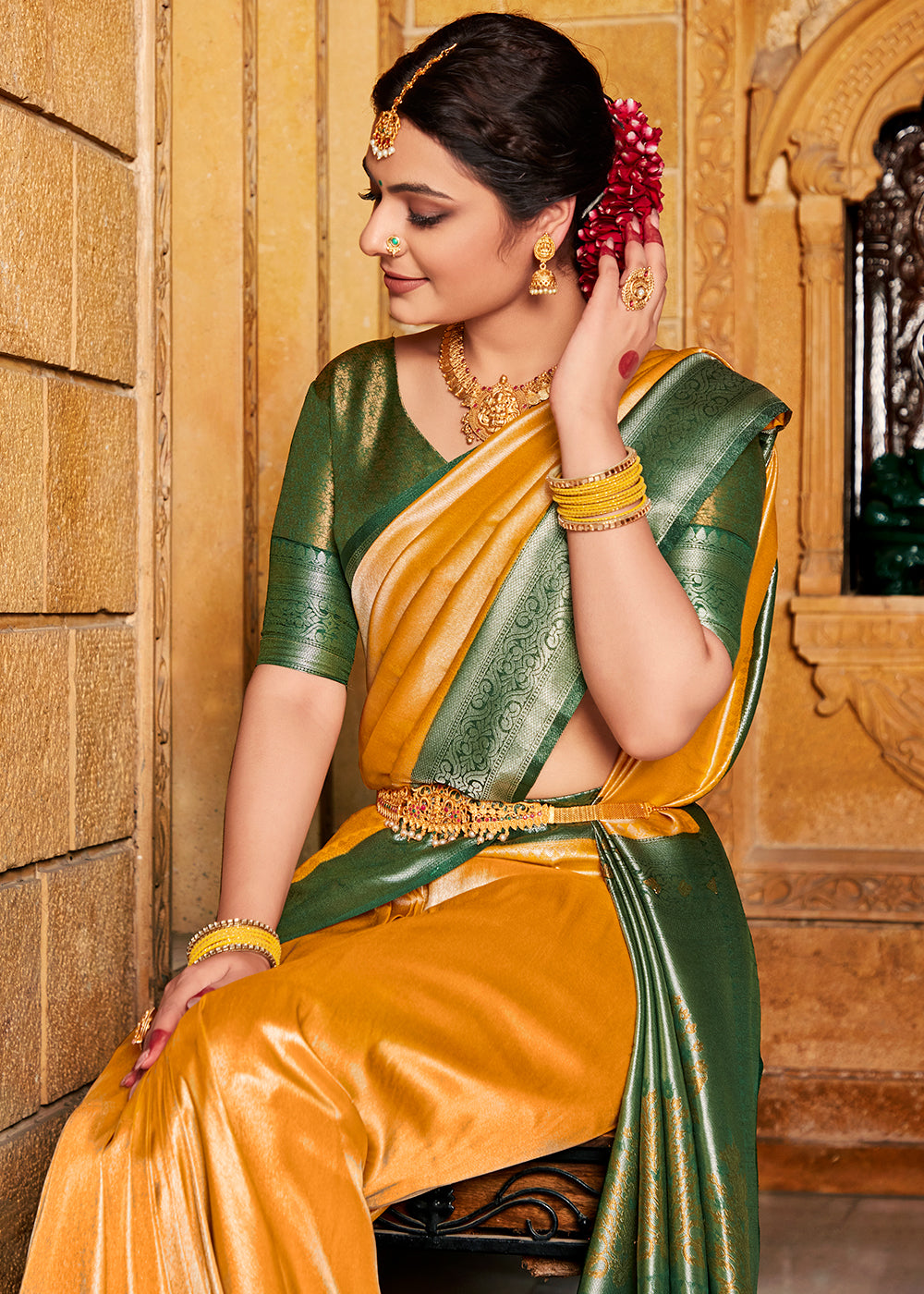 Chrome Yellow Zari Woven Kanjivaram Silk Saree with Contrast Border & Pallu