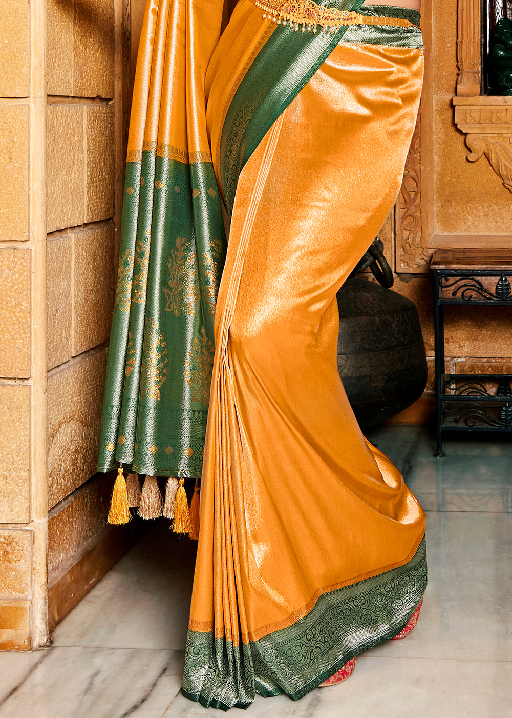 Chrome Yellow Zari Woven Kanjivaram Silk Saree with Contrast Border & Pallu