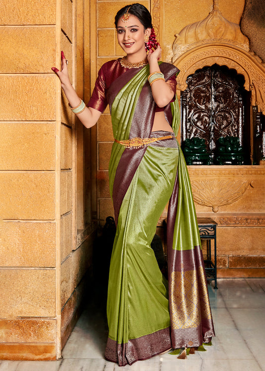 Olive Green Zari Woven Kanjivaram Silk Saree with Contrast Border & Pallu