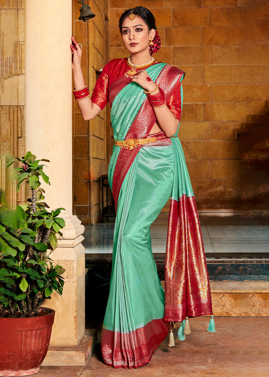 Mint Green Zari Woven Kanjivaram Silk Saree with Contrast Border & Pallu