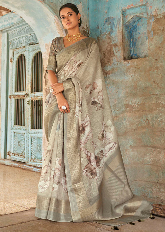 Brownish Grey Floral Printed linen Saree with Zari Border