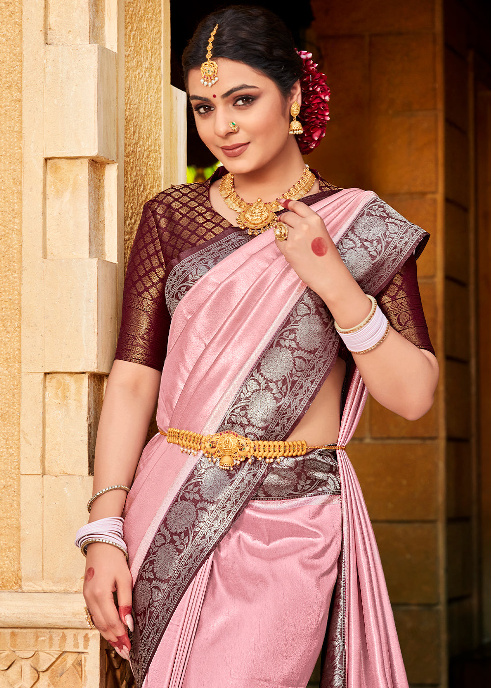 Baby Pink Zari Woven Kanjivaram Silk Saree with Contrast Border & Pallu