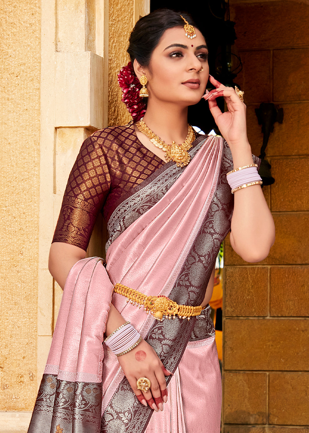 Baby Pink Zari Woven Kanjivaram Silk Saree with Contrast Border & Pallu