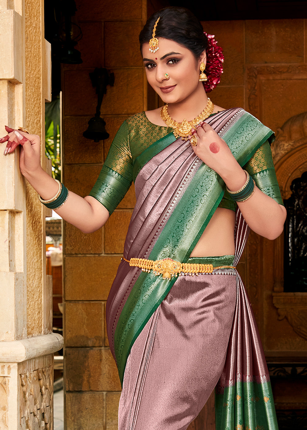 Lilac Purple Zari Woven Kanjivaram Silk Saree with Contrast Border & Pallu