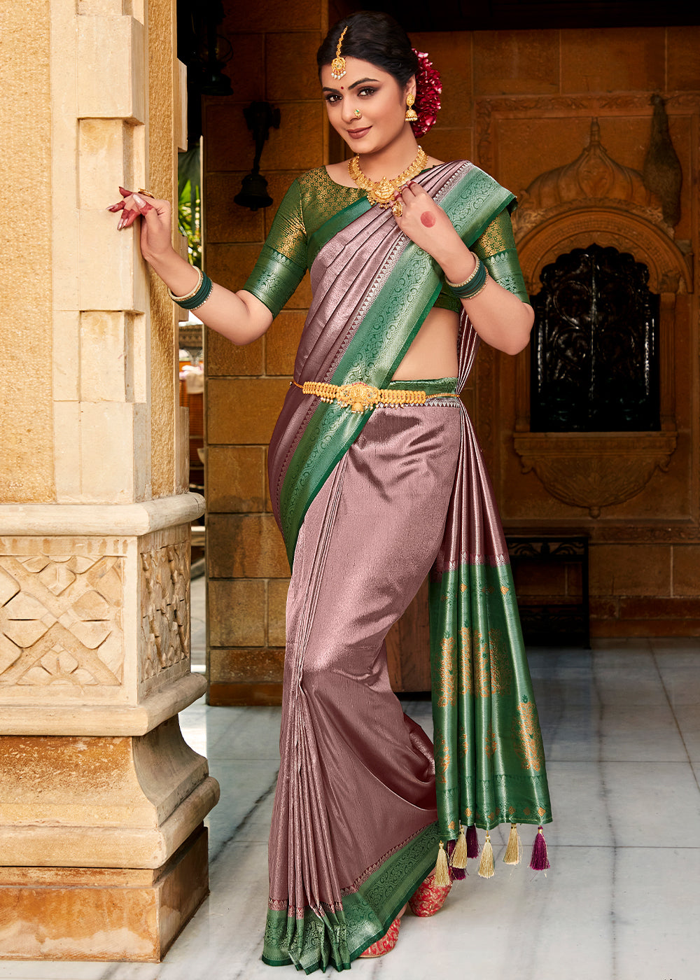 Lilac Purple Zari Woven Kanjivaram Silk Saree with Contrast Border & Pallu