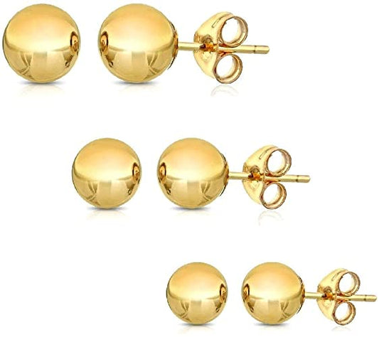 14k Gold Ball Stud Earrings (3-Pair-Pack) 3MM 4MM and 5MM