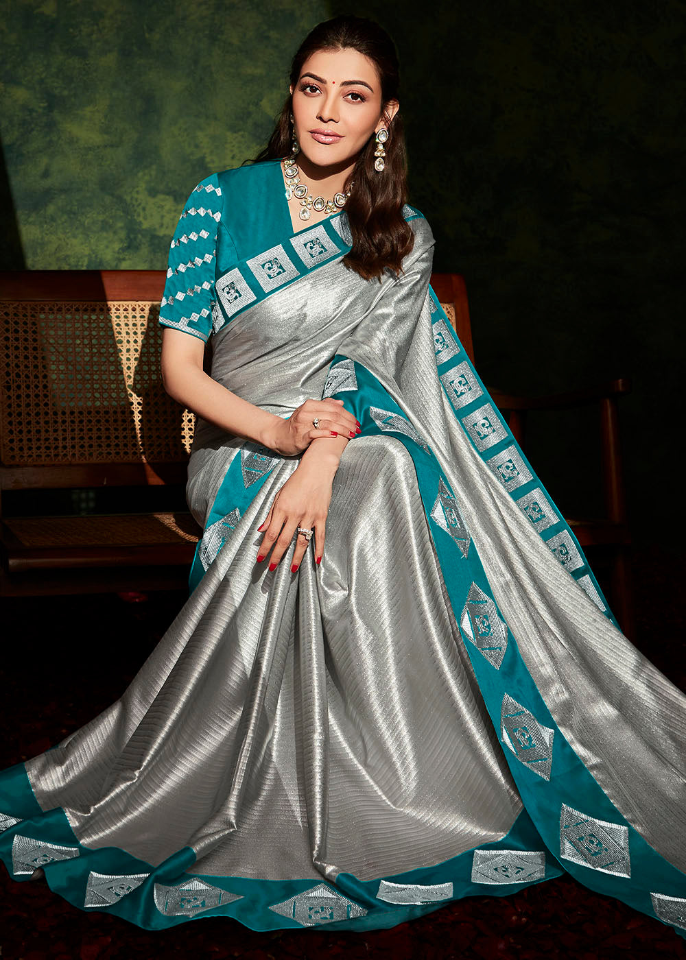 Silver Grey Designer Silk Saree with Contrast Blouse