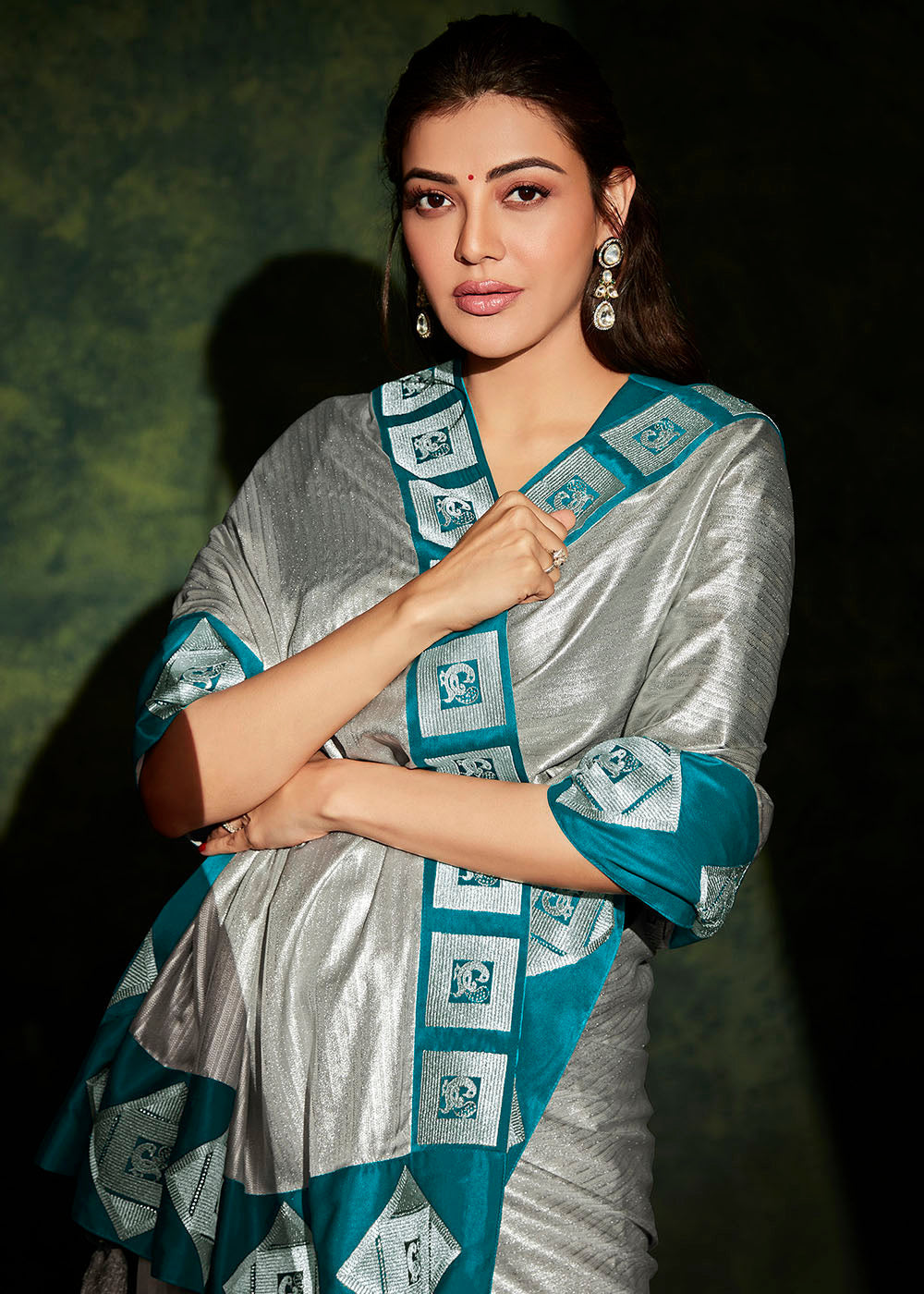 Silver Grey Designer Silk Saree with Contrast Blouse