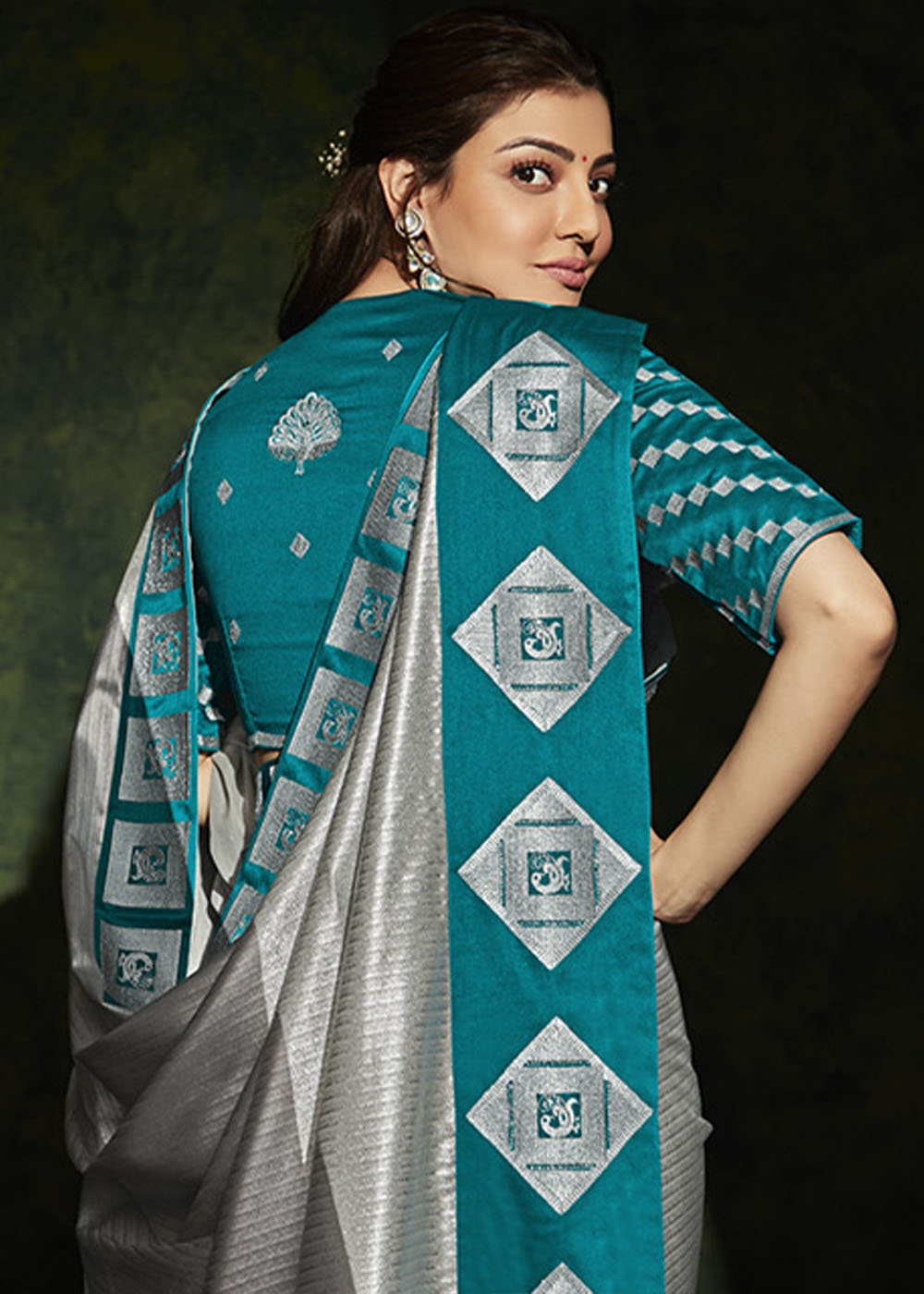 Silver Grey Designer Silk Saree with Contrast Blouse