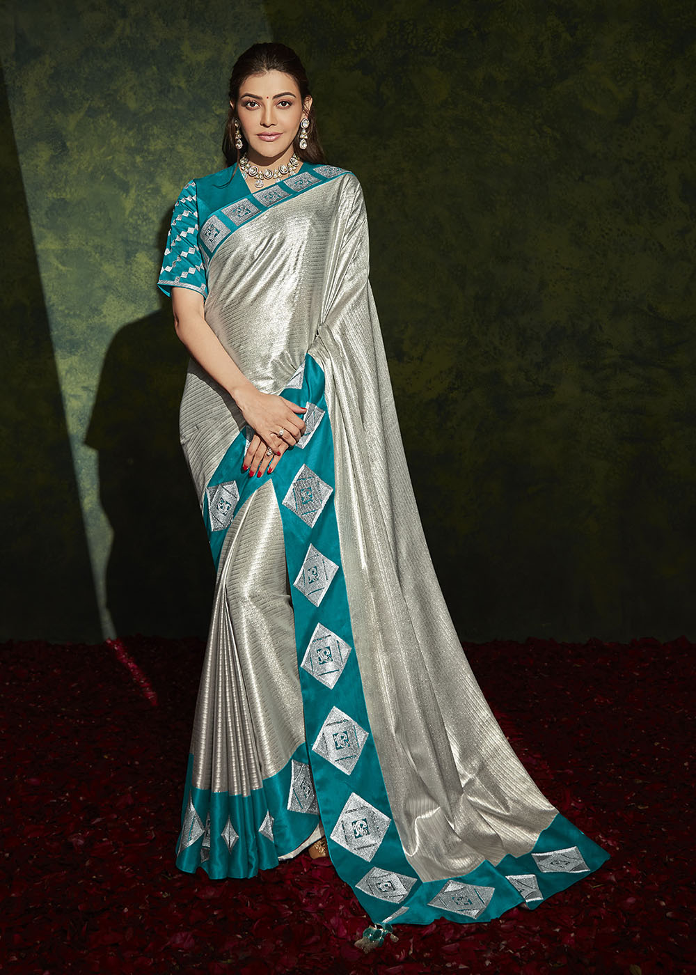 Silver Grey Designer Silk Saree with Contrast Blouse