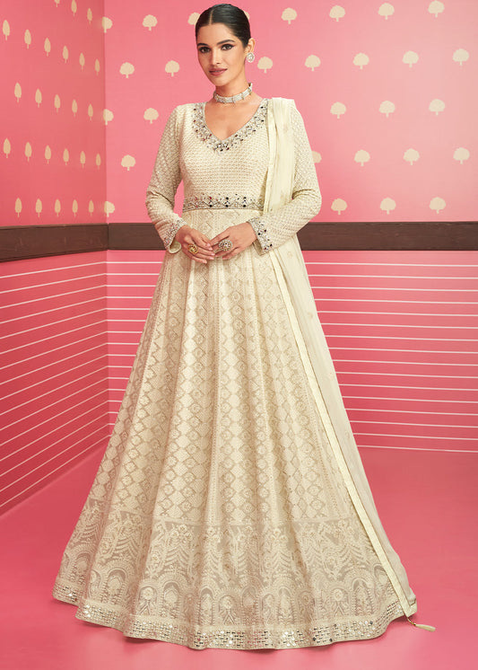 Ivory White Designer Georgette Embroidered Anarkali Suit