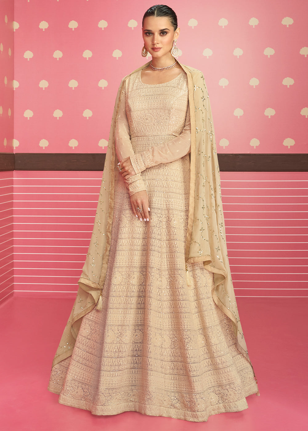 Beige Brown Designer Georgette Embroidered Anarkali Suit